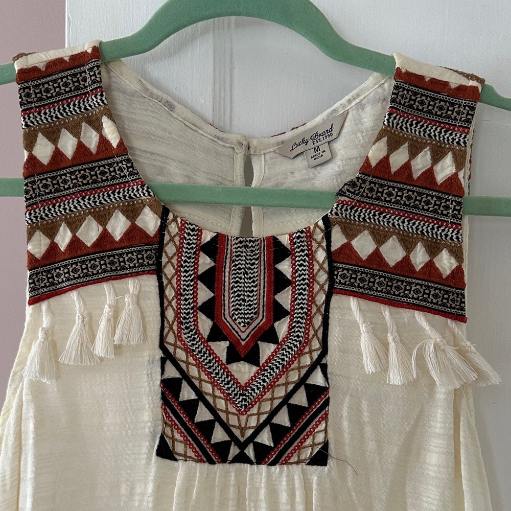 Lucky Brand Cream and Red Embroidered Top